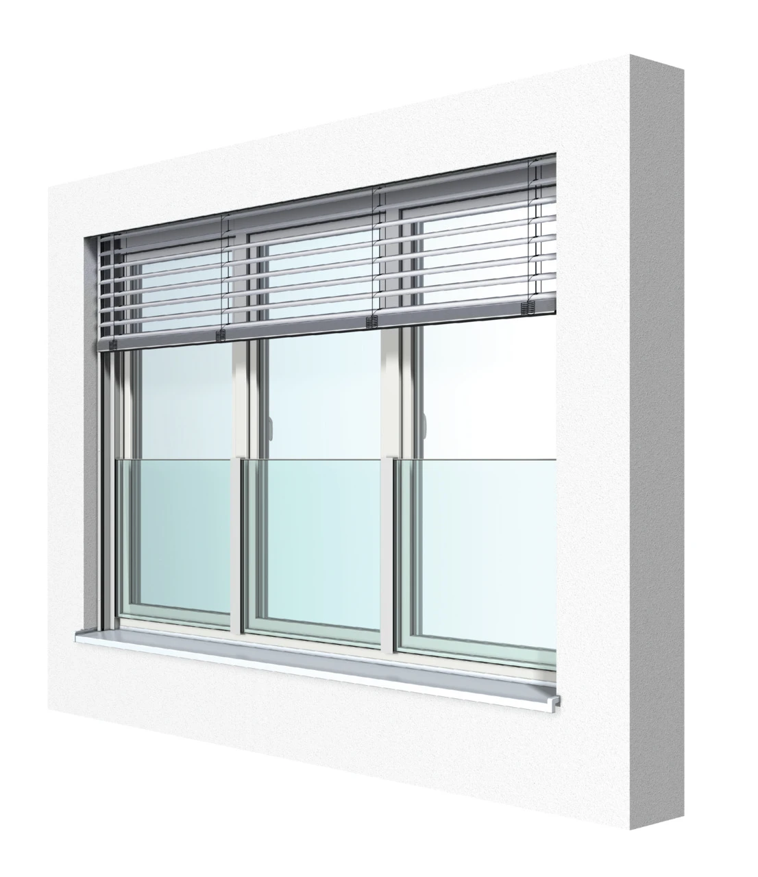 Modernes Fenster mit Jalousien in weißer Wand